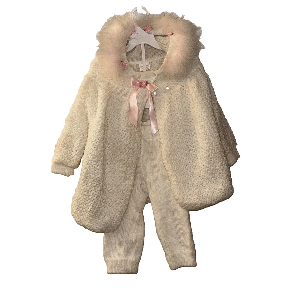 Vtg Baby Sweater 2 Pc Outfit Hooded Feathers White Pink Rose Buds sz 12 Mo Flaw